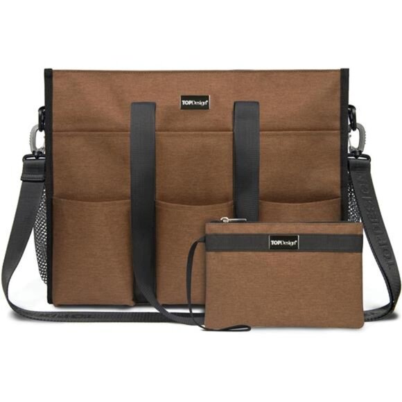 Utility Water Resistant Tote Bag with 22 Pockets Size L Brown